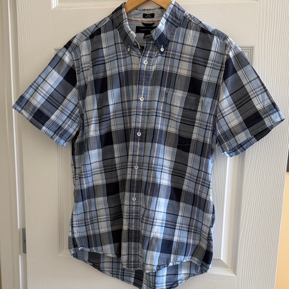 Tommy Hilfiger Men's Blue and White Plaid Button Down Shirt